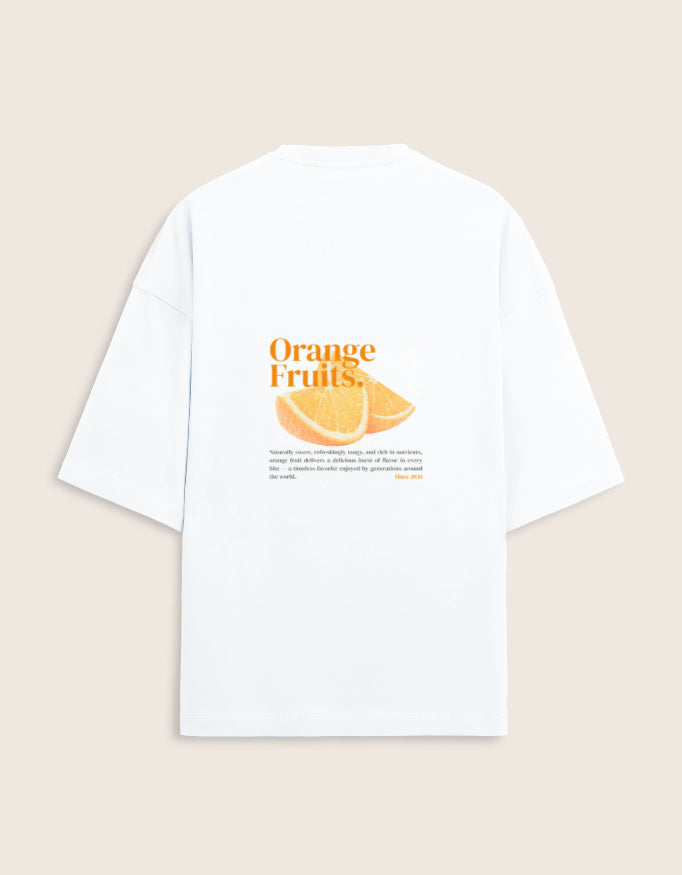 White t-shirt with 'Orange Fruits' graphic on a beige background