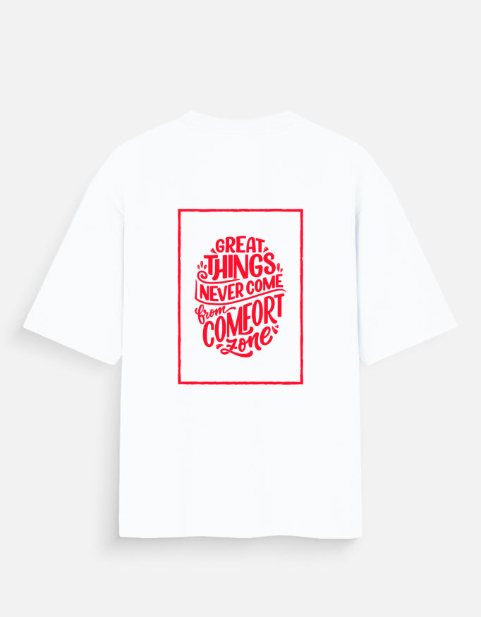 White t-shirt with red motivational quote on a white background