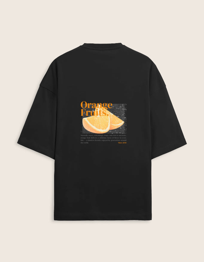 Black t-shirt with orange fruit graphic on the back against a beige background