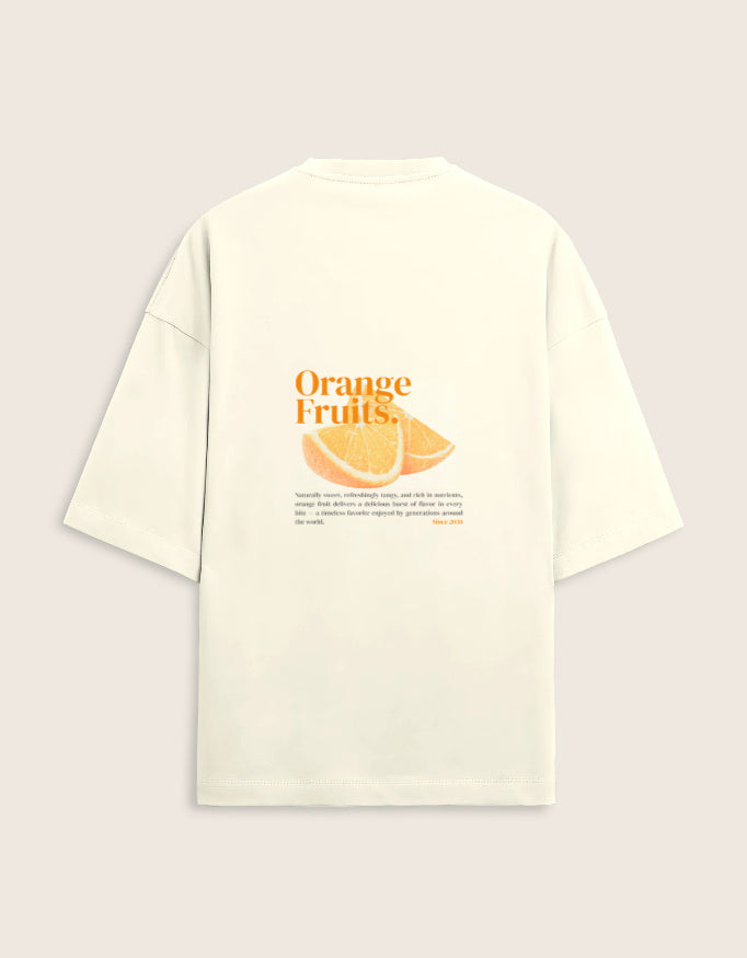 Light green t-shirt with orange fruit graphic and text on a light gray background