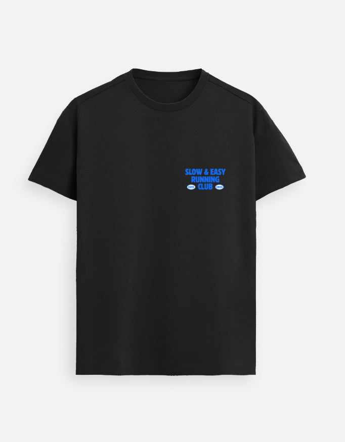 Black t-shirt with blue text on a white background