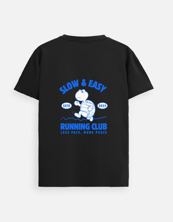 Black t-shirt with blue graphic design on a white background