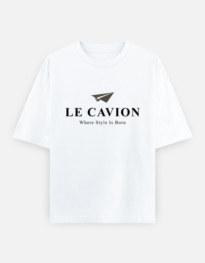 White t-shirt with 'LE CAVION' logo and text on a white background