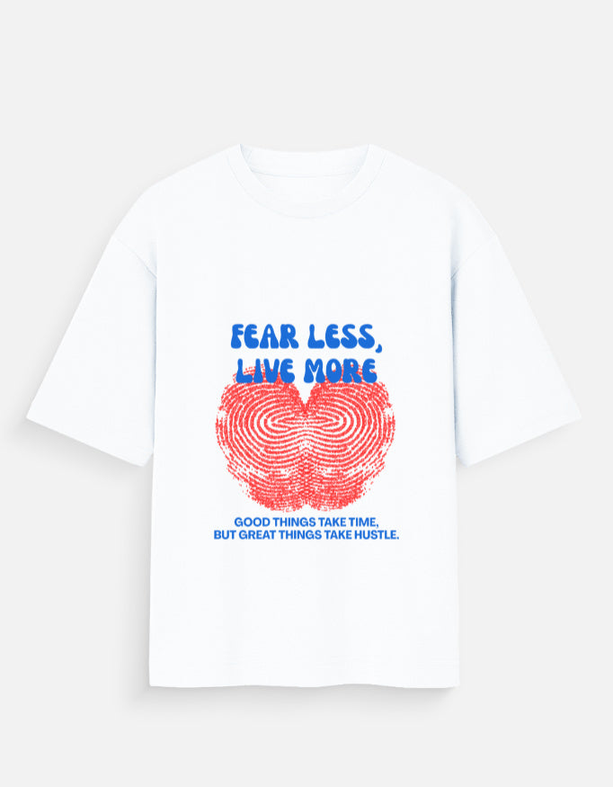 White t-shirt with red heart and motivational text on a white background
