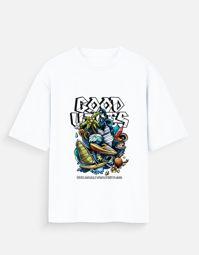 White t-shirt with colorful graphic design and text on a white background