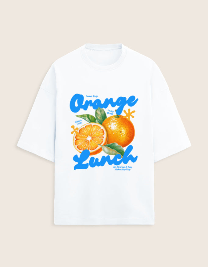 White t-shirt with orange-themed graphic and text on a beige background