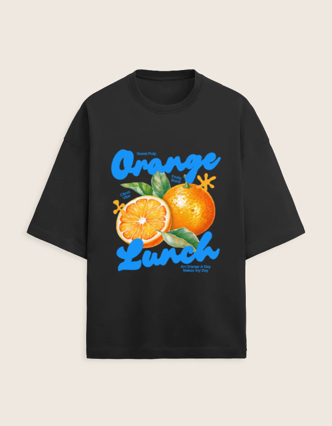 Black t-shirt with orange-themed graphic and text on a beige background