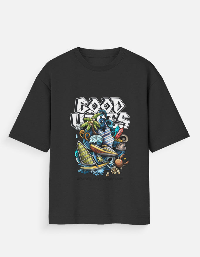 Black t-shirt with colorful graphic design and text on a white background