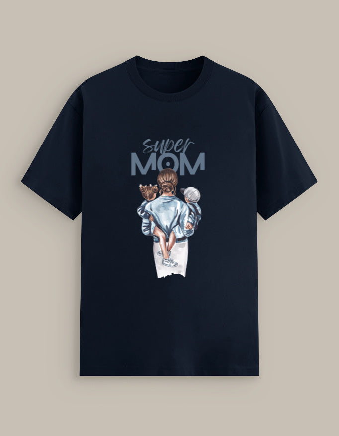 blue t-shirt with 'Super Mom' graphic on a beige background
