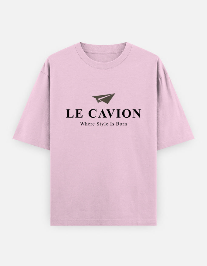 Pink t-shirt with 'LE CAVION' text and logo on a white background