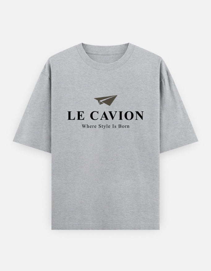 Gray t-shirt with 'LE CAVION' logo and text on a white background