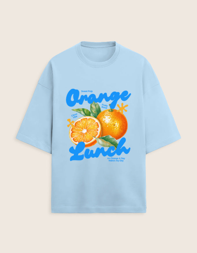 Light blue t-shirt with orange-themed graphic and text on a beige background