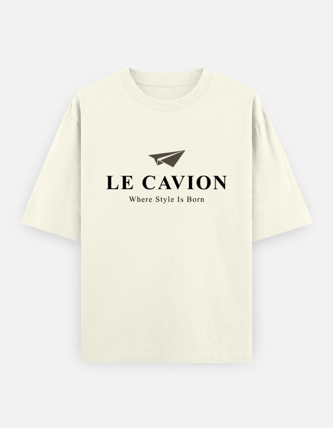 Beige t-shirt with 'LE CAVION' logo and text on a white background
