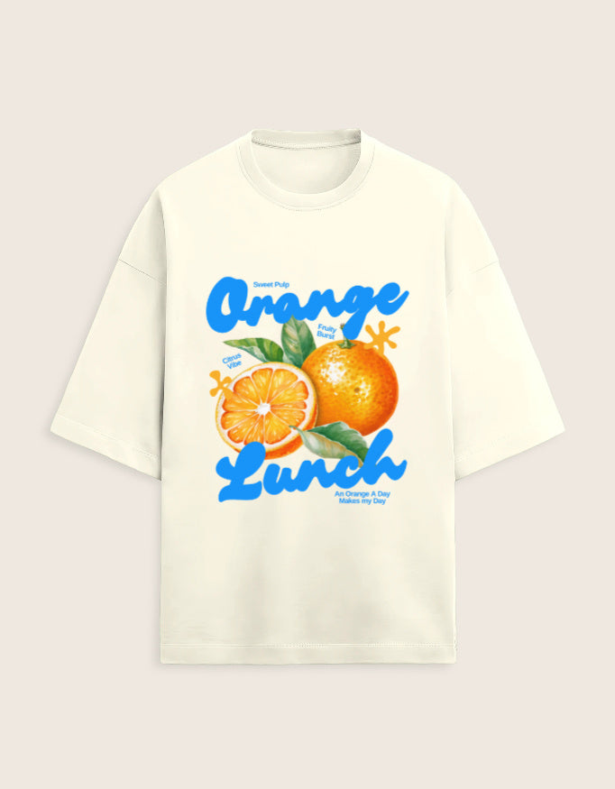 White t-shirt with 'Orange Lunch' graphic design featuring oranges and leaves on a light gray background