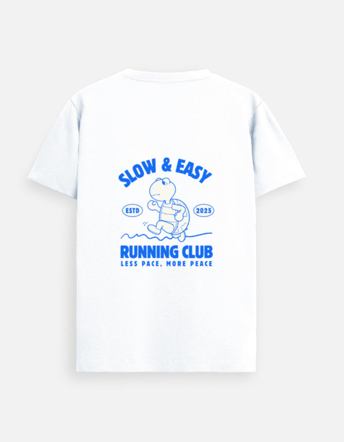 White t-shirt with blue graphic and text on a white background