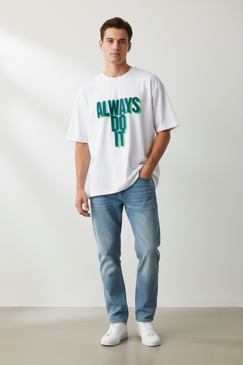 Man wearing a white t-shirt with 'ALWAYS DO IT' text and blue jeans on a plain background