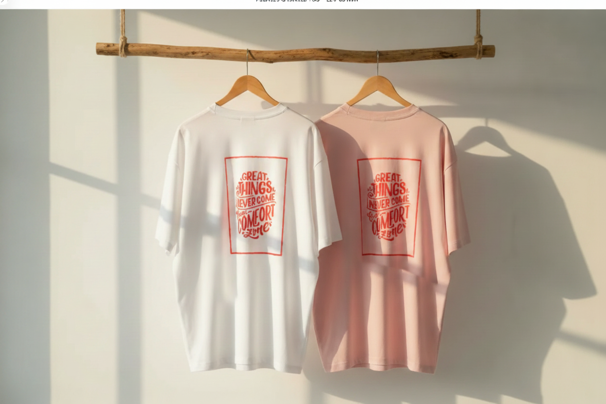 Two t-shirts, one white and one pink, with a red graphic and text on hangers against a light wall.