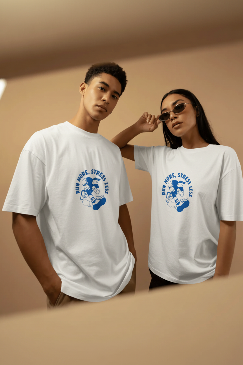 Two people wearing white t-shirts with a blue graphic design on a beige background