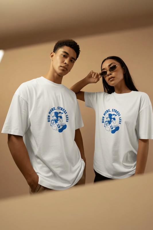 Two people wearing white t-shirts with a blue graphic design on a beige background