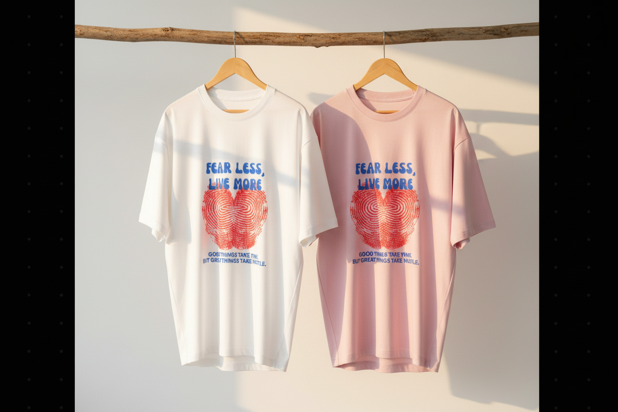 Two t-shirts on hangers with motivational text and graphics.