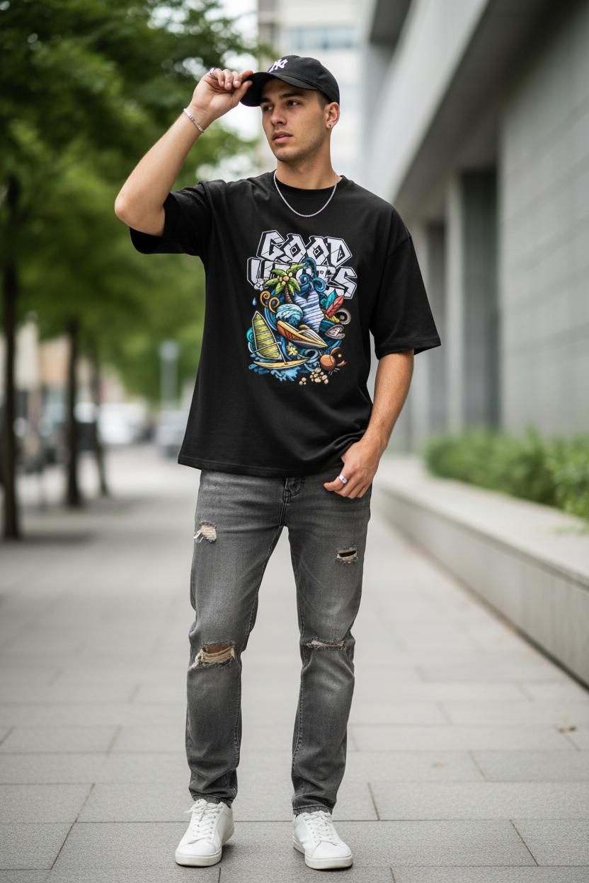 Man wearing a black graphic t-shirt and ripped jeans on a city street.