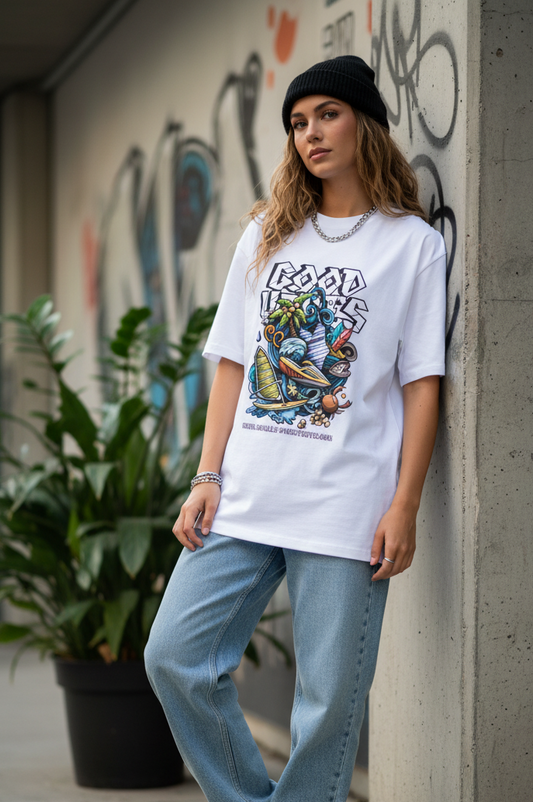 Person wearing a white graphic t-shirt, light blue jeans, and white sneakers against a graffiti-covered wall.
