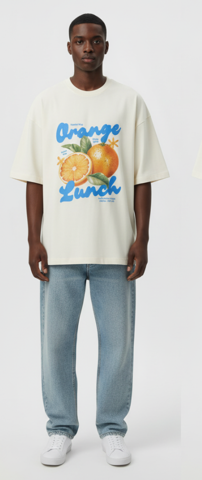 Person wearing a white t-shirt with an orange graphic and text, standing against a white background