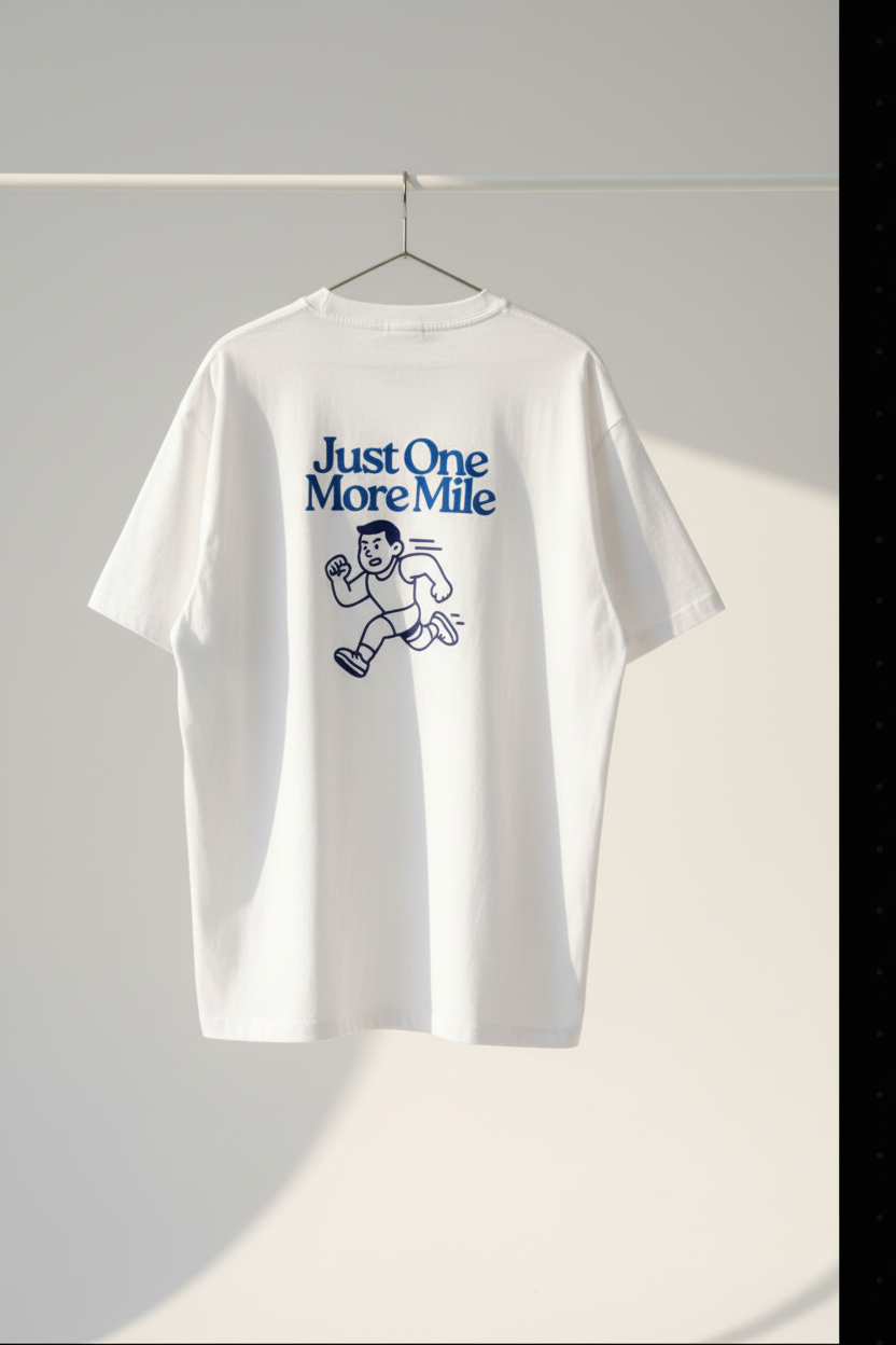 white tshirt back with text of just one more mile.