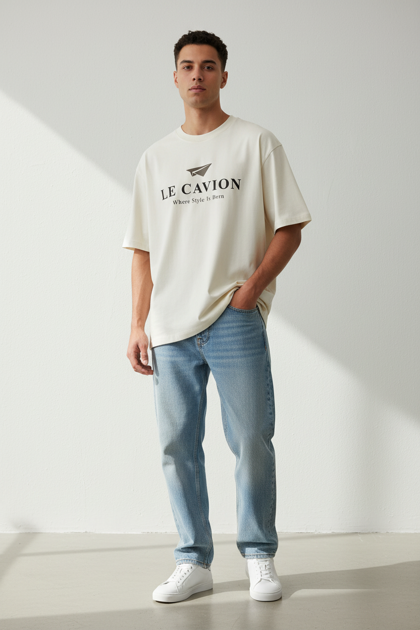 Person wearing a beige 'Le Caviar' t-shirt and light blue jeans on a white background