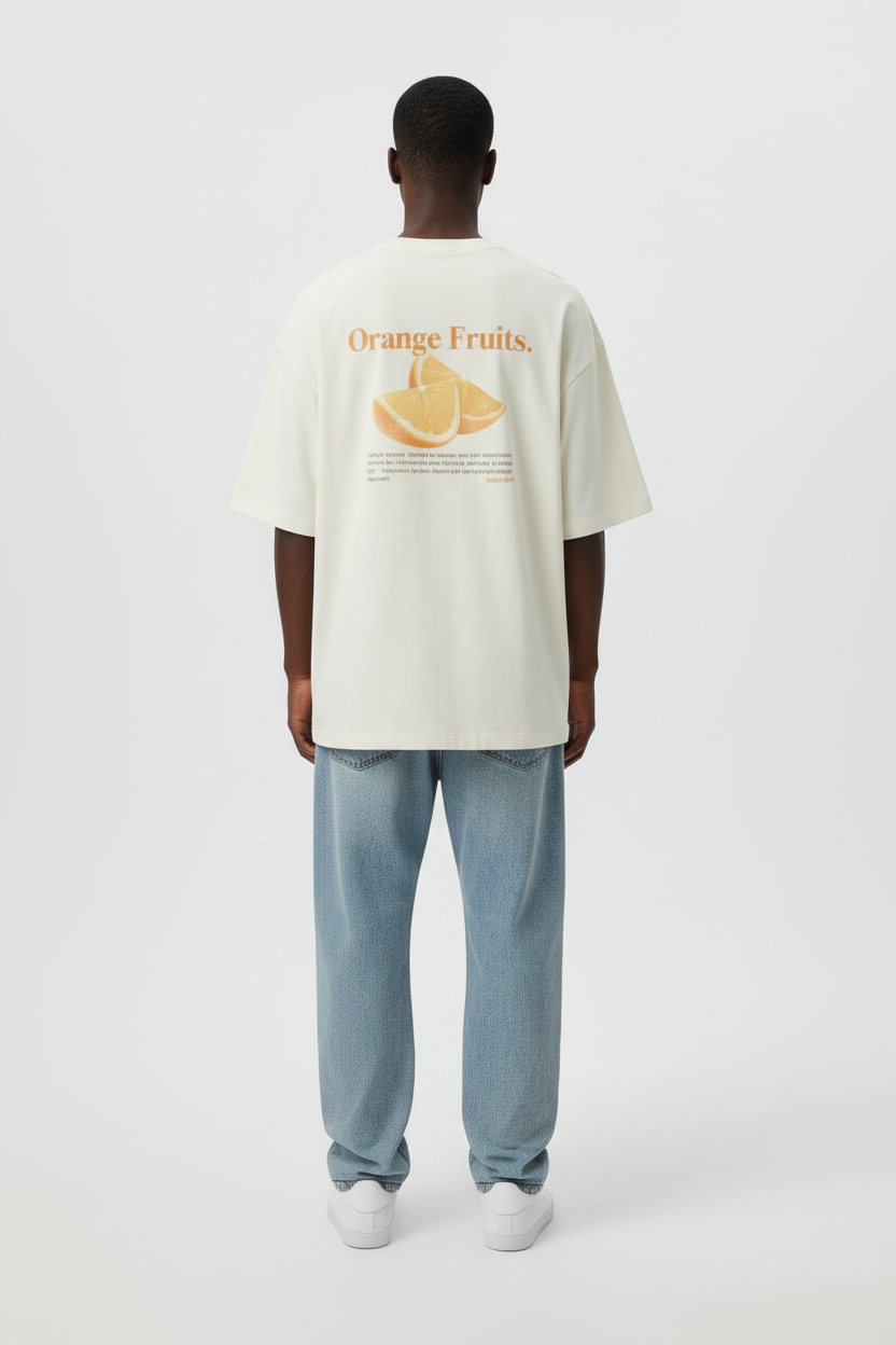Person wearing a white t-shirt with 'Orange Fruits' graphic on a white background