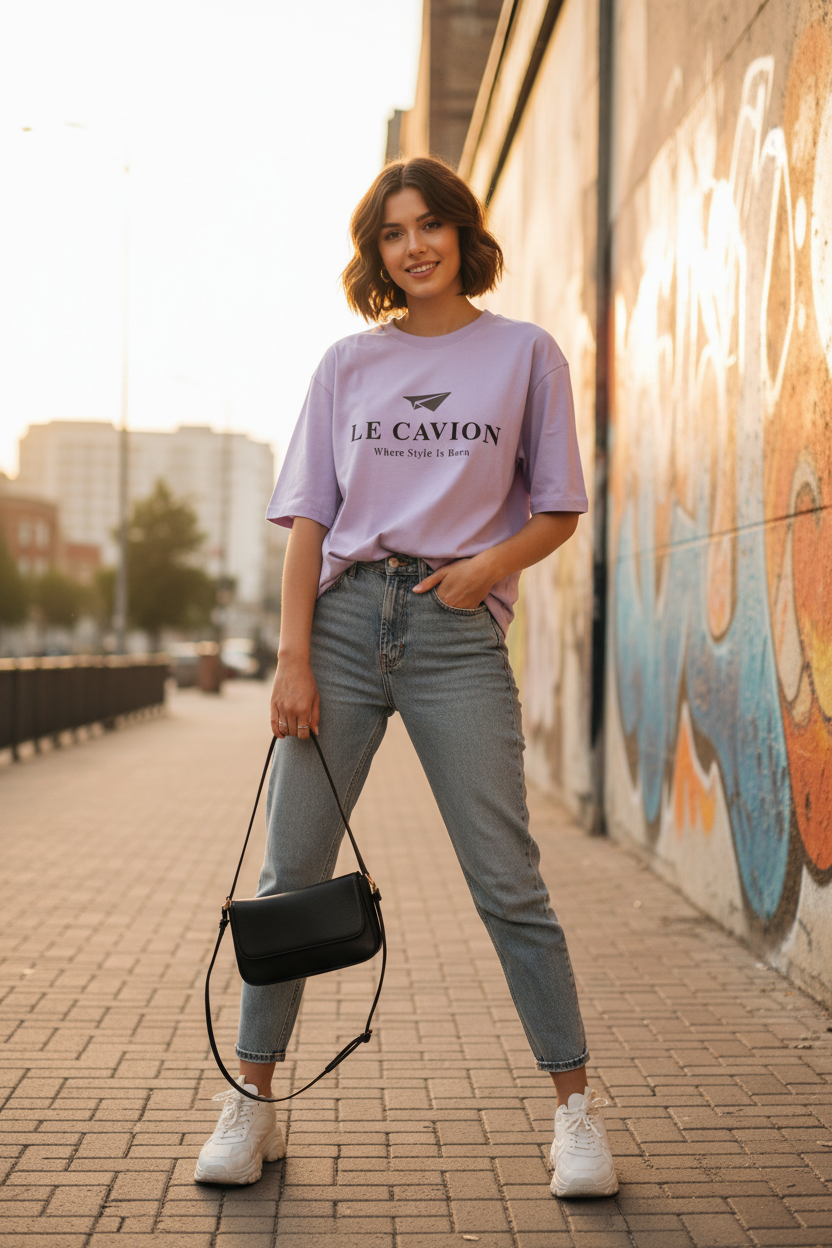 Woman wearing a light purple t-shirt with text, blue jeans, and white sneakers, standing on a sidewalk with graffiti in the background.