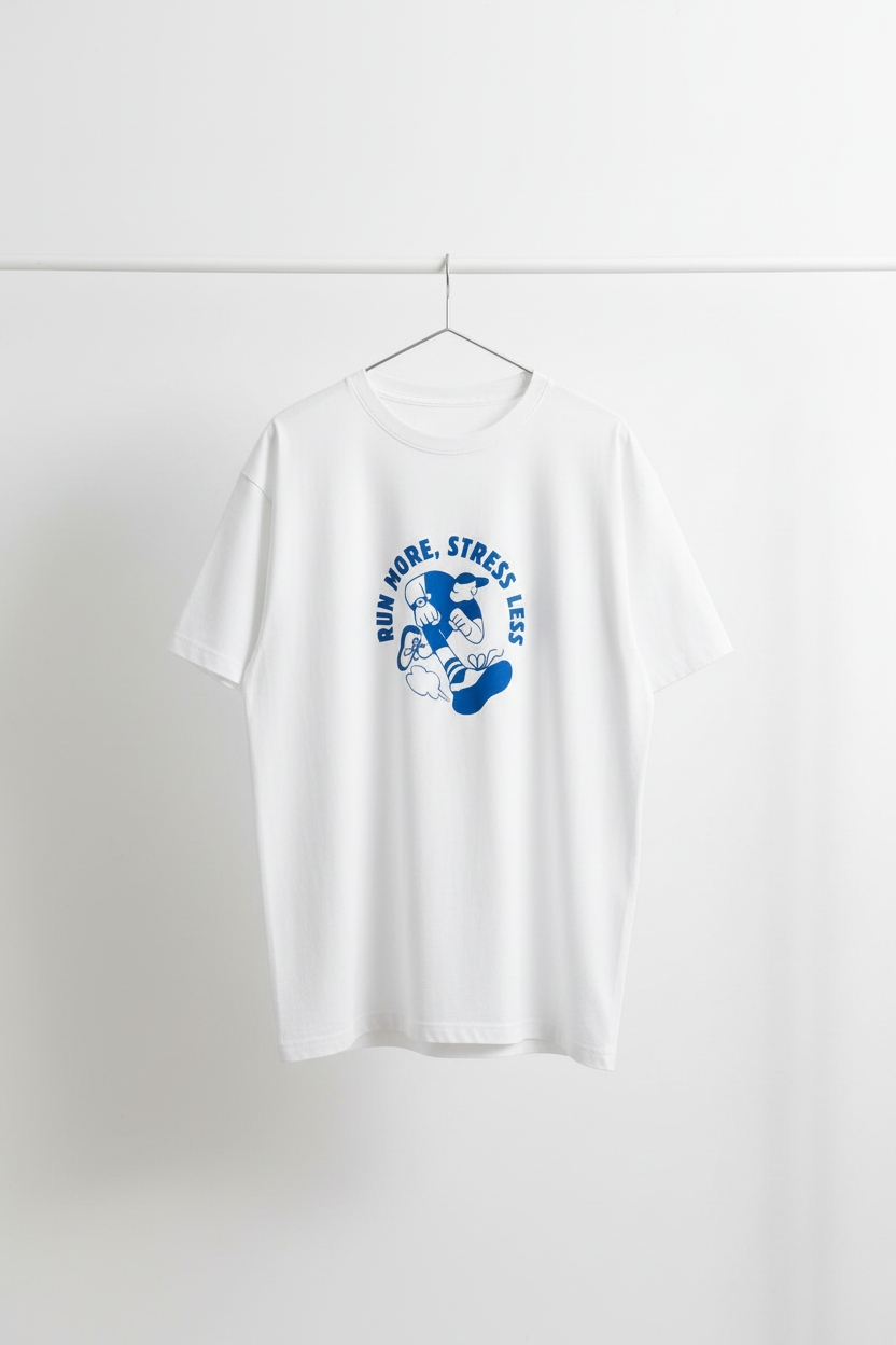 white tshirt with text run more and stress less.