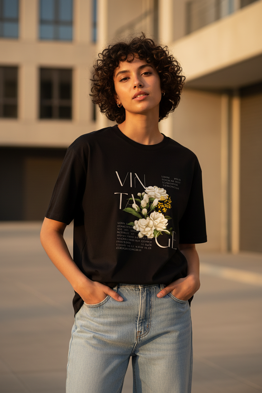 Person wearing a black t-shirt with floral design and text, standing outdoors.