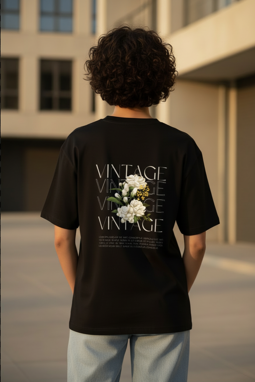 Person wearing a black t-shirt with floral design and 'VINTAGE' text outdoors.