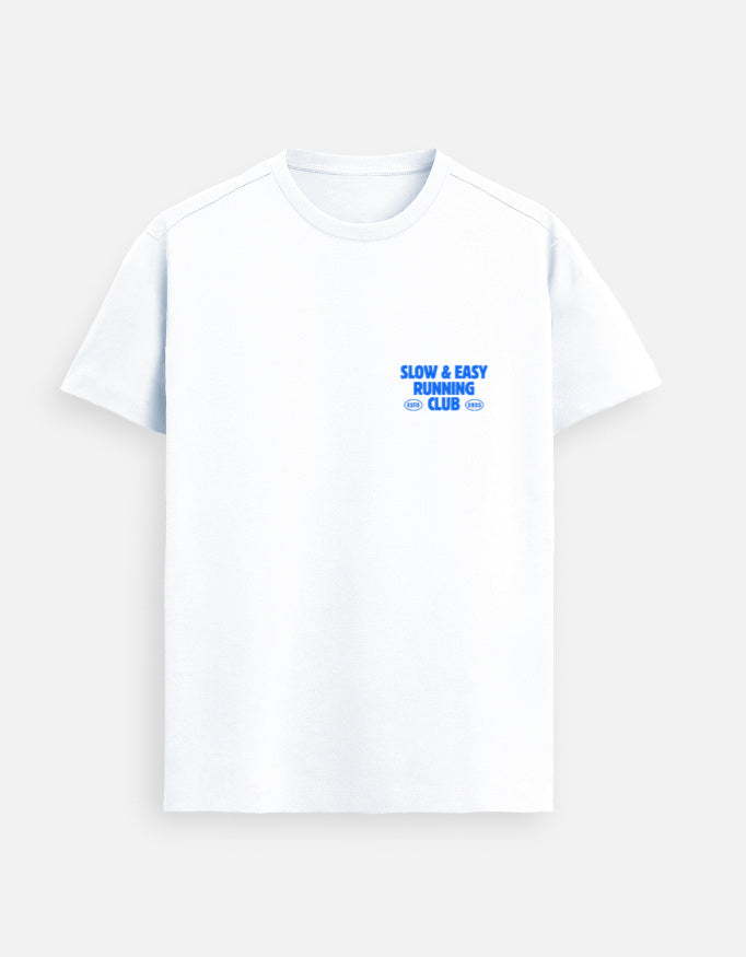 White t-shirt with blue text on a white background